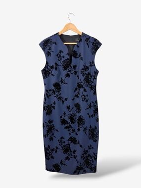 Connected Apparel Blue Floral Sheath Dress Size 10 Black Velvet Burnout Office